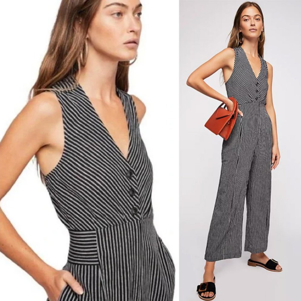 Free People The Liberty Jumpsuits Wide Leg Cotton Black White Striped 6 $128